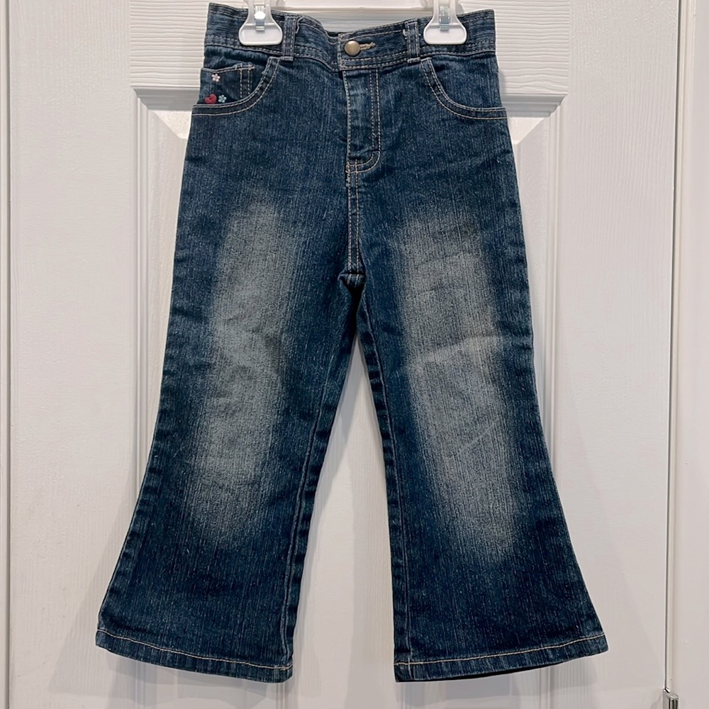 Girls denim toddler 4T wide-leg embroidered denim jeans Y2K dark blue adjustable